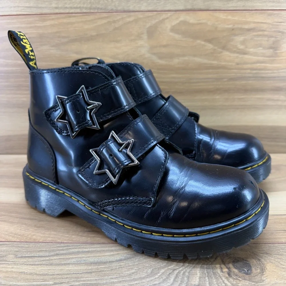 Dr Martens Devon Bex Girls Youth 4 Black Star Chunky Boots Punk Rock Metal Goth